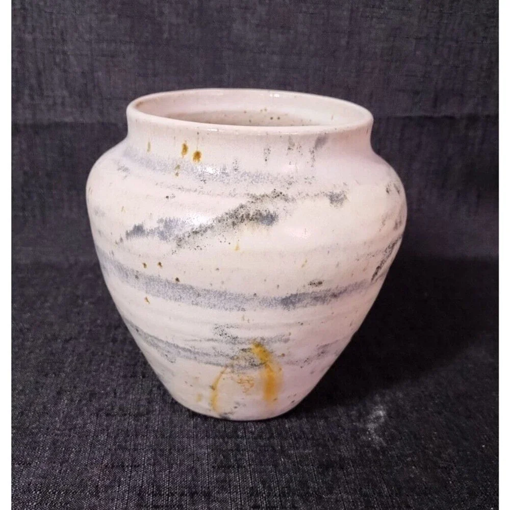 Vintage Signed Studio Pottery Ceramic Speckle Glaze Blue Stripe Vase Planter Pot